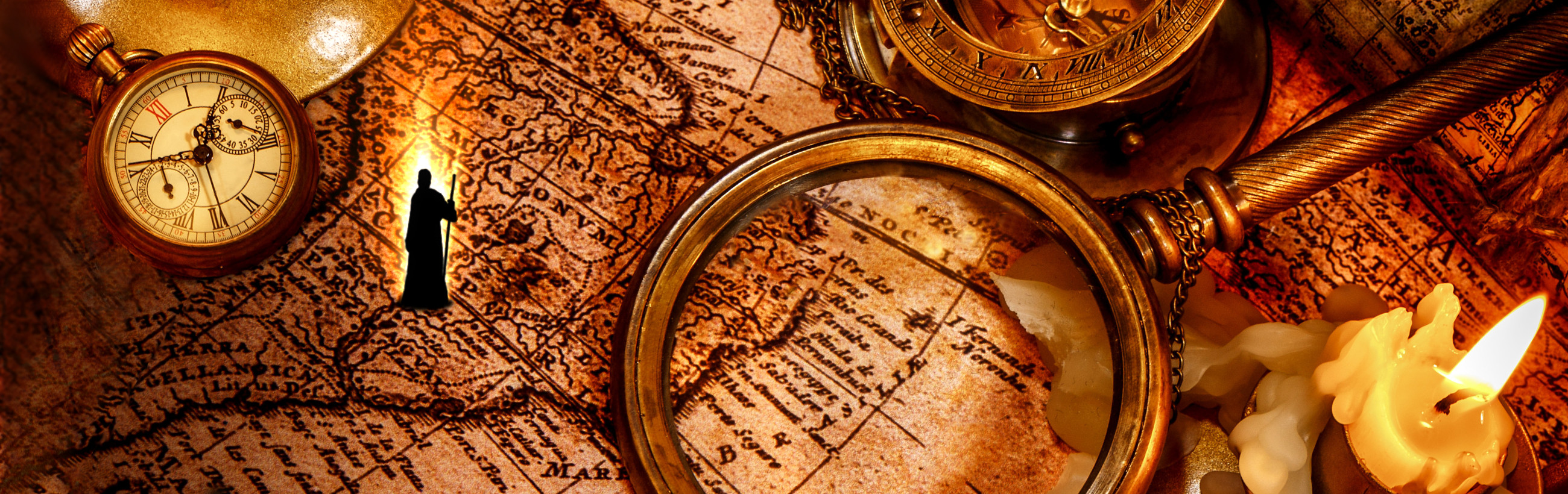 An antique-style panoramic layout featuring an old pocket watch, a brass compass atop a detailed ancient map, and lit candles providing a soft glow. This ensemble conveys a feeling of historical exploration and celestial navigation, avoiding specific references to the Mazzaroth.
