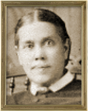 Antique sepia-toned portrait of a woman with a stern expression, wearing a dark dress with a white collar, framed in a golden rectangular frame, positioned in front of a blurred interior background.