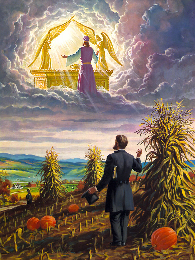 A vivid painting depicting a man in 19th-century attire standing in a pumpkin field, looking towards a celestial scene in the sky where another figure, in ancient robes, addresses an angel by the Ark of the Covenant among dramatic clouds.