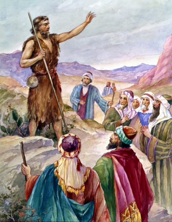 A colorful illustration depicting a bearded man in primitive garb with a staff and a water vessel, gesturing towards the sky while standing on a rocky hill. Around him, a group of men in ancient Middle Eastern attire listens intently, with mountains and a subdued sky in the background.