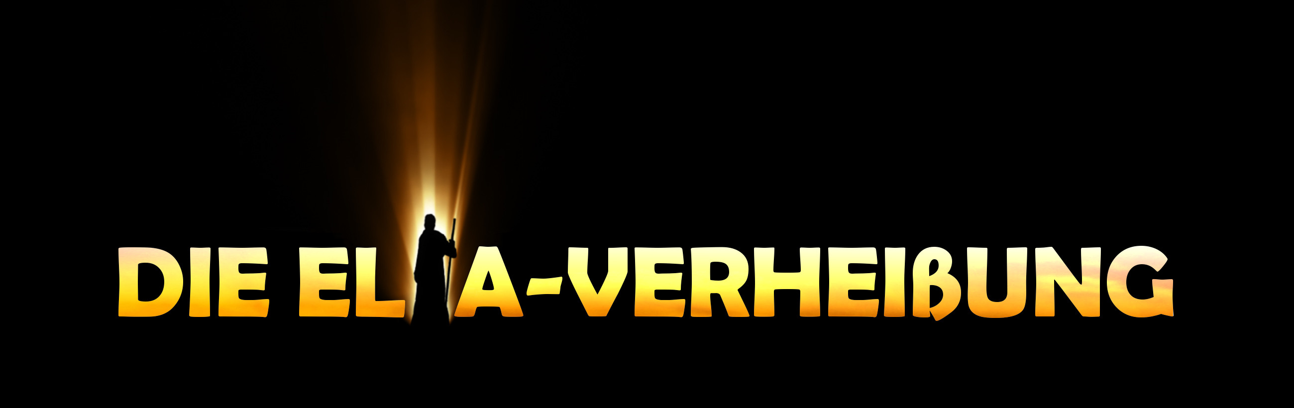 Grafische Darstellung eines einzelnen Mannes vor einem schwarzen Hintergrund, umgeben von einem intensiven Schein von gelb-orangenem Licht. Über ihm erscheint der beleuchtete Text „DIE ELIA-VERHEIßUNG“ in Großbuchstaben.