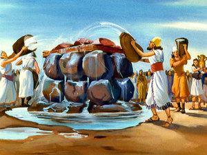 A group of animated characters in ancient attire gathers around a large circular stack of stones with luminous bands symbolizing astronomical phenomena. The background displays a clear sky and desert-like landscape.
