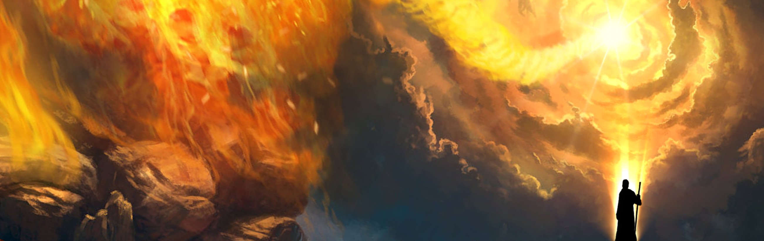 Dramatic depiction of a celestial event where vibrant, spiraling flames emanate from a bright, radiant source in the sky, over rugged terrain. A silhouette of a person standing alone with a staff, gazing at the awe-inspiring scene unfolds the marvels of creation.