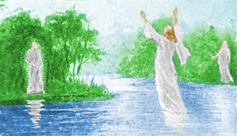 A watercolor scene depicting three figures in robes beside a river; one figure stands in the water with arms raised, while the others are on the riverbank among lush greenery.