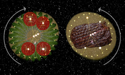 A creative cosmic arrangement featuring two celestial circles against a starry background; the left circle contains a vibrant green plant-based texture with red clusters resembling stars, and the right circle displays a brown, organic, textured pattern sprinkled with sparkling white dots like distant stars.
