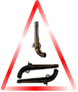 A triangular red outline encapsulating three differently styled black pistols, arranged vertically. The pistols are depicted from oldest at the top to modern at the bottom, symbolizing historical progression in firearms design.