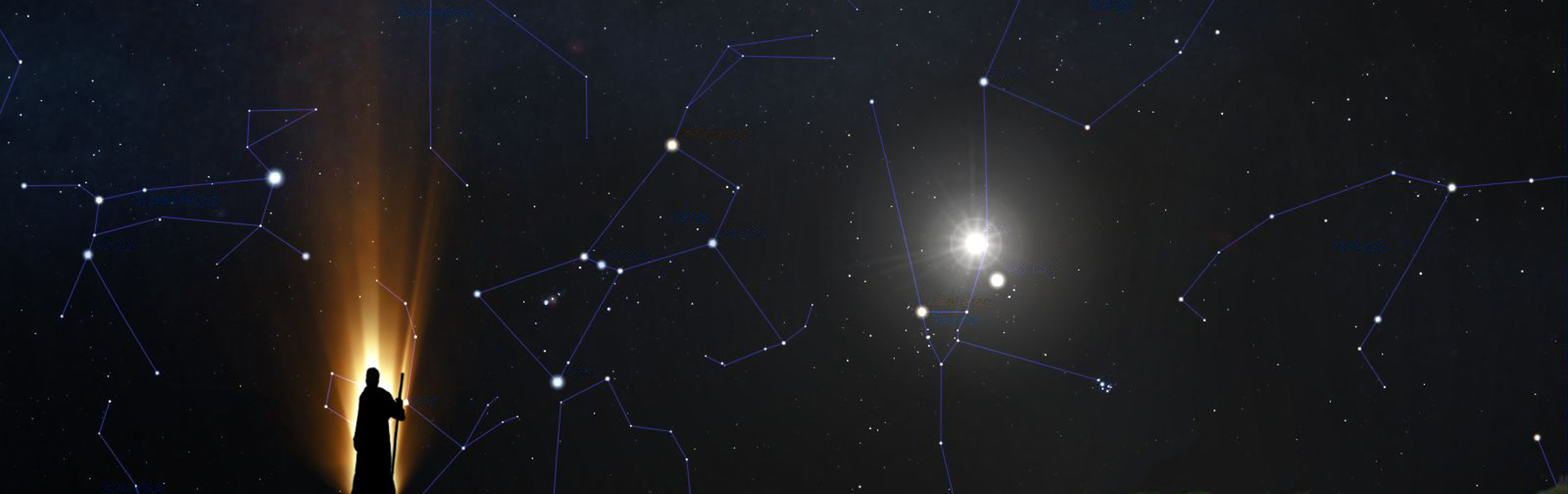 A panoramic view of the night sky featuring a myriad of stars connected by lines to form various constellations. On the left side, a bright beam of light illuminates the silhouette of a person looking up towards the stars. The celestial formations known as the Mazzaroth are prominently displayed against the dark cosmic backdrop.
