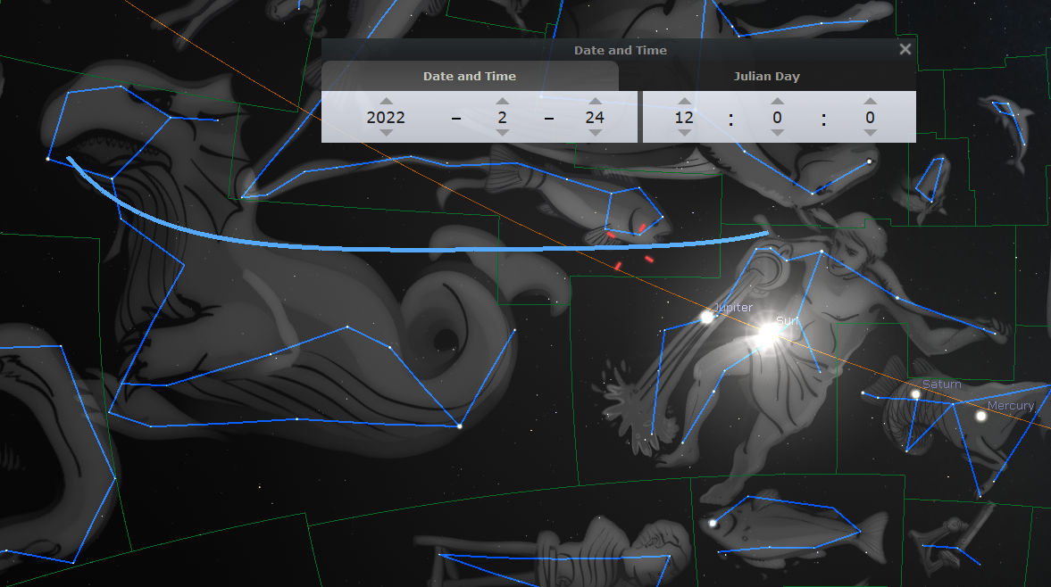 A digital stargazing tool displays the positions of various celestial bodies against the background of the Mazzaroth, outlined in blue, with graphical representations of several constellations. The interface shows the date and time settings for February 24, 2022, along with labels for planets such as Jupiter, Saturn, Sun, and Mercury.