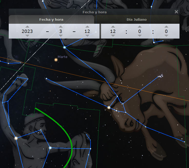 Imagen de un software astronómico mostrando constelaciones conectadas por líneas azules y verdes sobre un fondo estrellado. Destaca la representación de un gran toro y un personaje humanoide que corresponde a una sección del Mazzaroth en la esquina superior izquierda, y el planeta Marte visible como una pequeña luz amarilla. También se muestra un panel con la fecha y hora del 12 de marzo de 2023.