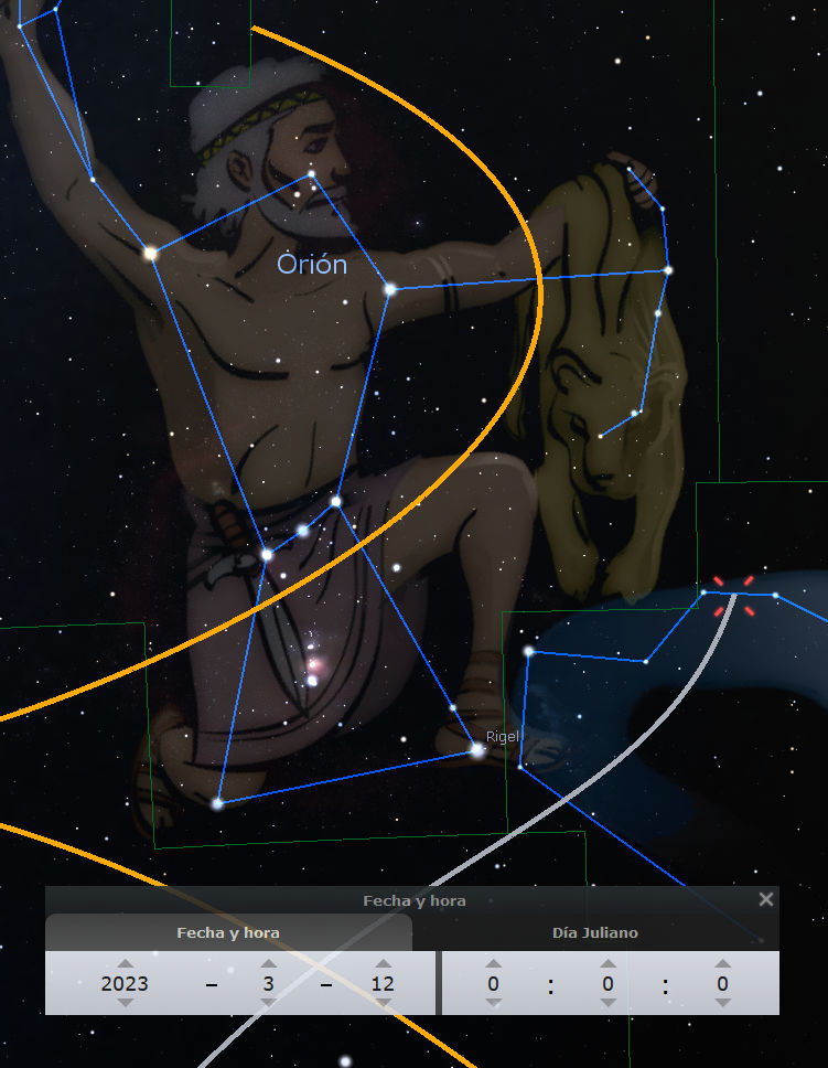 Ilustración digital que muestra la constelación de Orión destacada con líneas azules y naranjas sobre un fondo de estrellas. En la esquina inferior se observa un panel con ajustes de fecha y hora indicando el 12 de marzo de 2023.