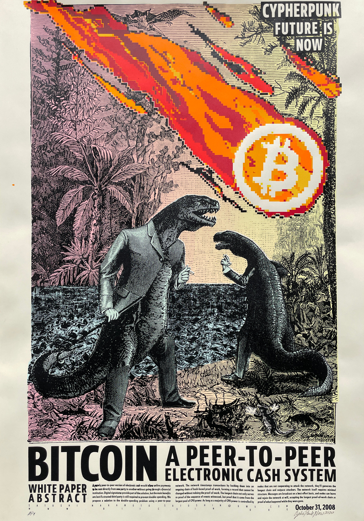 Artistic poster featuring a stylized illustration with two dinosaur creatures engaged in a human-like interaction within a lush, tropical setting. A fireball streaking through the sky is overlaid with a large symbol commonly associated with digital currency. Text at the bottom announces a publication about a digital payment system, dated October 31, 2008.