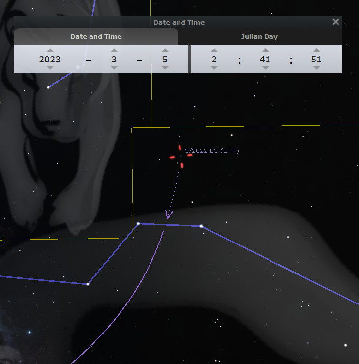 An astronomical software interface displaying a constellation part of the Mazzaroth and a bright comet labeled "C/2022 E3 (ZTF)," with a trajectory marked by a dashed line. The settings show the date and time as March 5, 2023, and Julian Day number. The background stars and constellations are connected by blue lines, enhancing visual clarity against a dark space background.