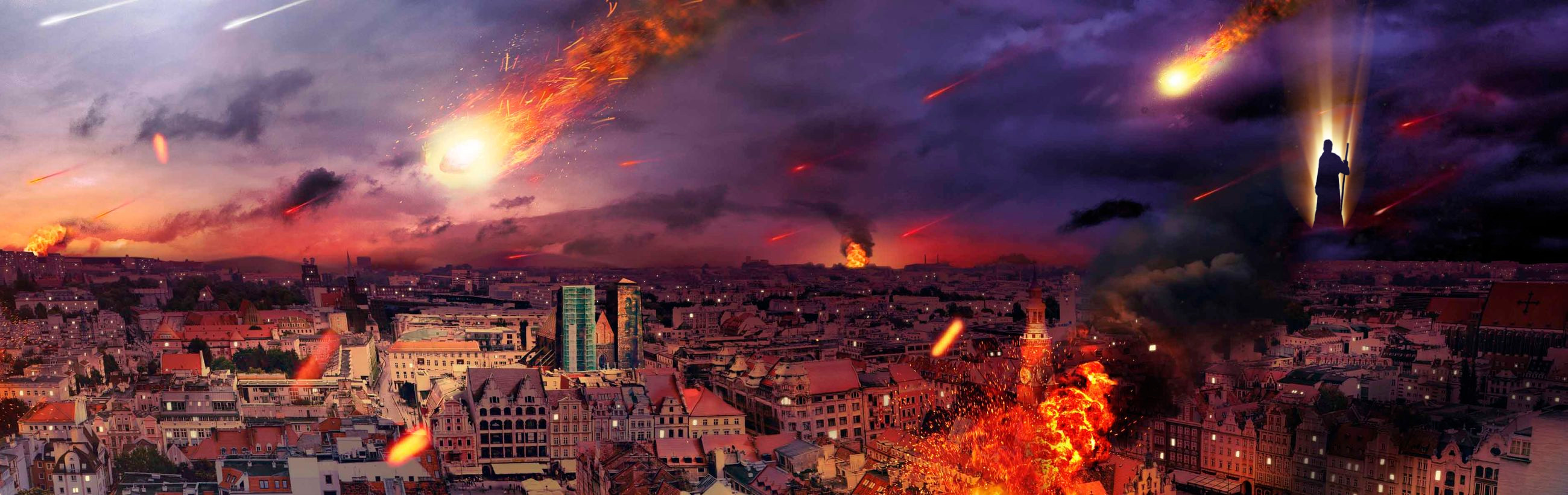 Panoramic view of a cityscape during a catastrophic event with numerous celestial bodies and meteors impacting the area. The skies are lit with a fiery glow and streaks of destructive celestial events, while buildings are engulfed in flames. A singular silhouette of a person illuminated by a celestial ray stands witnessing the events.