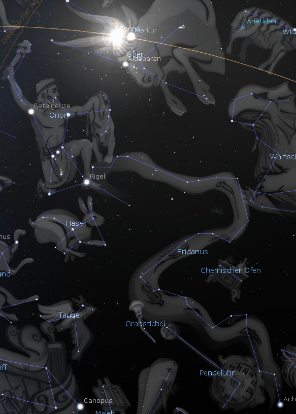 Ein astronomisches Bild, das verschiedene Sternbilder im nächtlichen Himmel darstellt, verbunden durch Linien, die die Sterne verbinden. Die illustrierten Figuren umfassen einen Bogenschützen, einen Stier und einen Mann, der einen Schild trägt. Verschiedene benannte Sterne wie Aldebaran und Betelgeuse sind sichtbar, ebenso wie die Sonne, die leuchtend abgebildet ist.