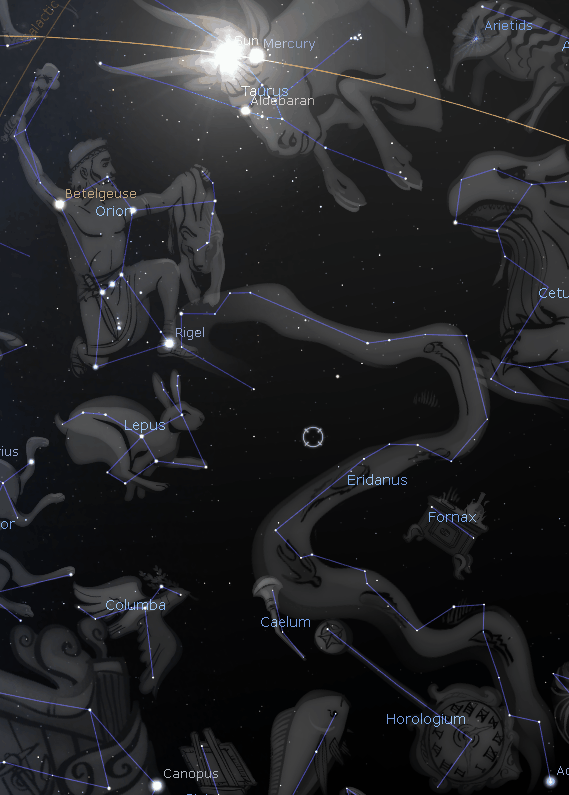 A detailed astronomical illustration showing a dark sky filled with stars, interconnected by lines that form symbolic representations tied to ancient stories. Notable features include prominent star names like Betelgeuse, Rigel, and Aldebaran, and labels such as Taurus and Orion, corresponding with specific constellations.