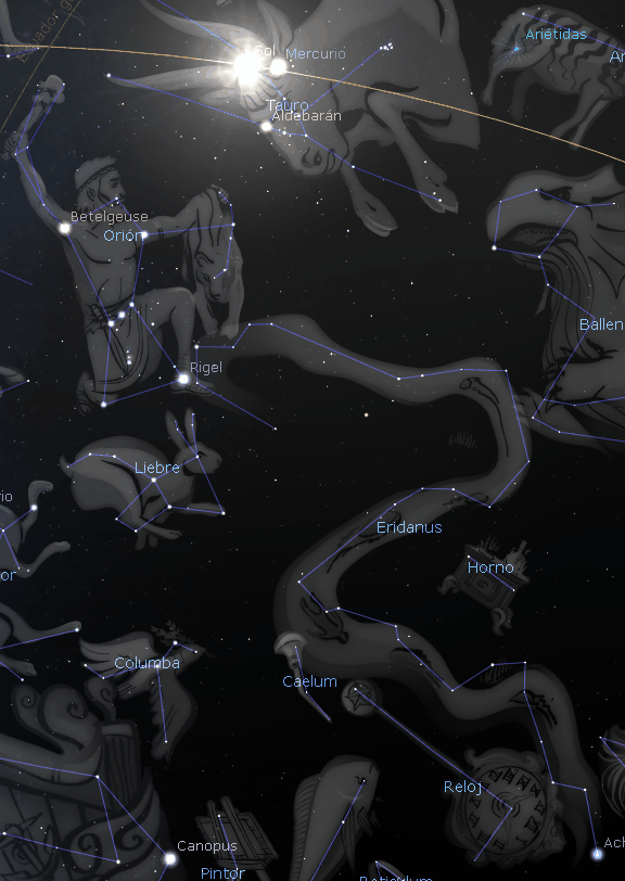 Imagen de un cielo estrellado oscuro con múltiples constelaciones conectadas por líneas, estrellas brillantes como Betelgeuse y Rigel, y representaciones artísticas de figuras humanas y animales associadas a las constelaciones. Se visualizan nombres de estrellas y constelaciones como Orión y Libra, además del planeta Mercurio y la estrella Aldebarán.