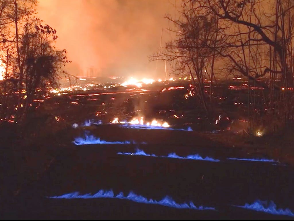 A nocturnal landscape depicting a vast wildfire, with bright flames consuming trees and underbrush under a dark sky. Foreground shows unusual blue fires, possibly from a specific chemical reaction, illuminating the ground.
