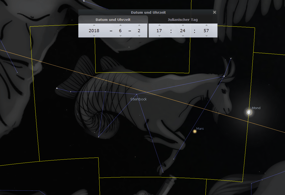 Ein Sternbild, der Mazzaroth, dargestellt als ein gehörntes Tier, erscheint neben Symbolen der Himmelskörper Mond und Mars. Gelb umrandete Bereiche und blaue Linien weisen auf astronomische Koordinaten hin. Ein Datum- und Uhrzeiteinstellungsfeld zeigt "2018 – 6 – 2 | 17:24:57" auf Julianschem Kalender.