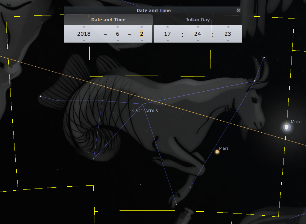 Digital astronomical software display showing the constellation part of Mazzaroth near the Moon and Mars, with yellow lines outlining connectivity between stars resembling a sea-goat. Date and time settings visible in the upper left corner indicate June 2, 2018, 17:24:23.