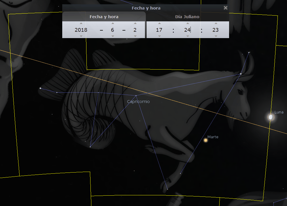 Imagen visual de un software astronómico mostrando una representación artística de la constelación Capricornio en la Mazzaroth, con las posiciones de la Luna y Marte visibles. La imagen también incluye un cuadro de ajuste de fecha y hora con la fecha 2018-6-2 y hora 17:24:23.
