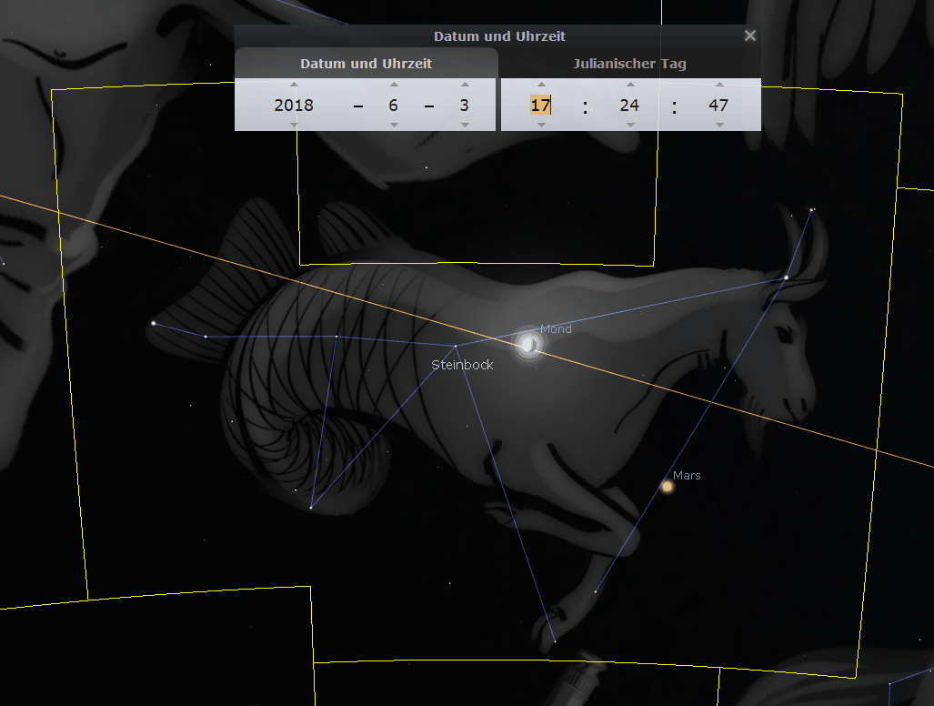 Grafische Darstellung des Nachthimmels mit den Positionen von Mars und dem Mond in Bezug auf eine Figur aus dem Mazzaroth, die einem Stier ähnelt. Ein Datums- und Zeitfenster zeigt "2018 - 6 - 3, 17:24:47" an.