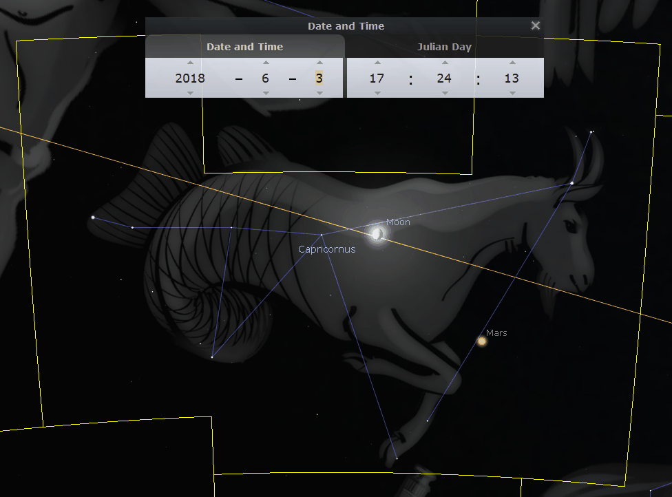 An astronomical software simulation depicting the night sky as viewed on a specific date, featuring the Moon and Mars aligned with the constellation often associated with the Mazzaroth figure Capricornus. The sky chart also displays interactive panels indicating the date and Julian day.
