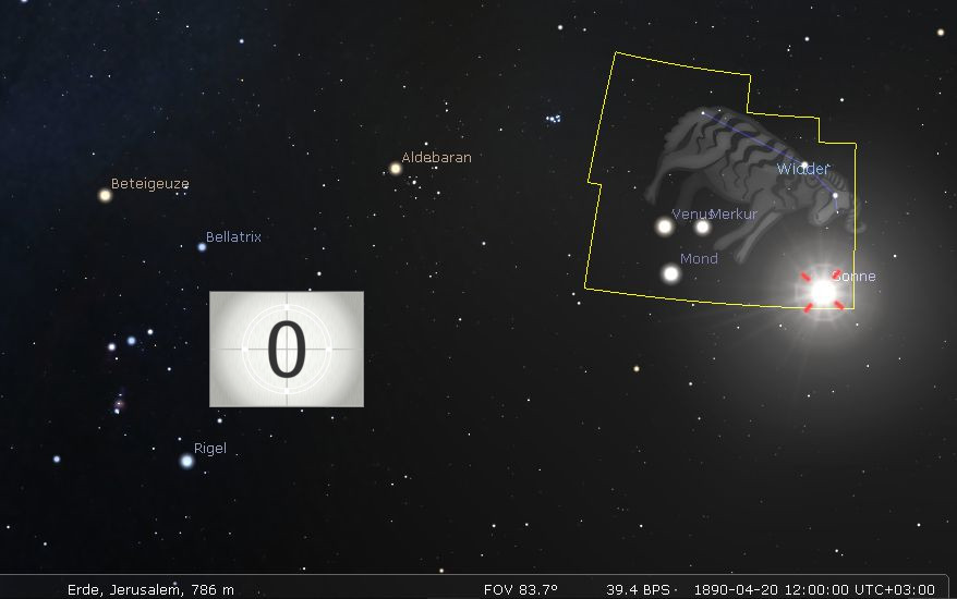 Digitale Darstellung des Nachthimmels mit sichtbaren Sternen und Konstellationen. Markante Sterne wie Betelgeuse, Bellatrix und Rigel sind beschriftet. Ein Gebiet des Himmels ist hervorgehoben, in dem die Planeten Venus und Merkur nahe der Mondsichel agglomeriert sind, neben einer Illustration des Sonnensystems.