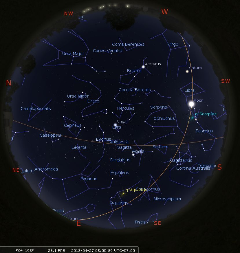 A detailed night sky map showing a variety of celestial constellations, luminaries, and notable celestial objects. The image highlights intricate connections between stars forming outlines of constellations such as Ursa Major, Scorpius, and Andromeda. The moon and the planet Saturn are prominently visible. The horizon encircles the bottom of the image, dividing land and sky, marked with compass directions from north to south.