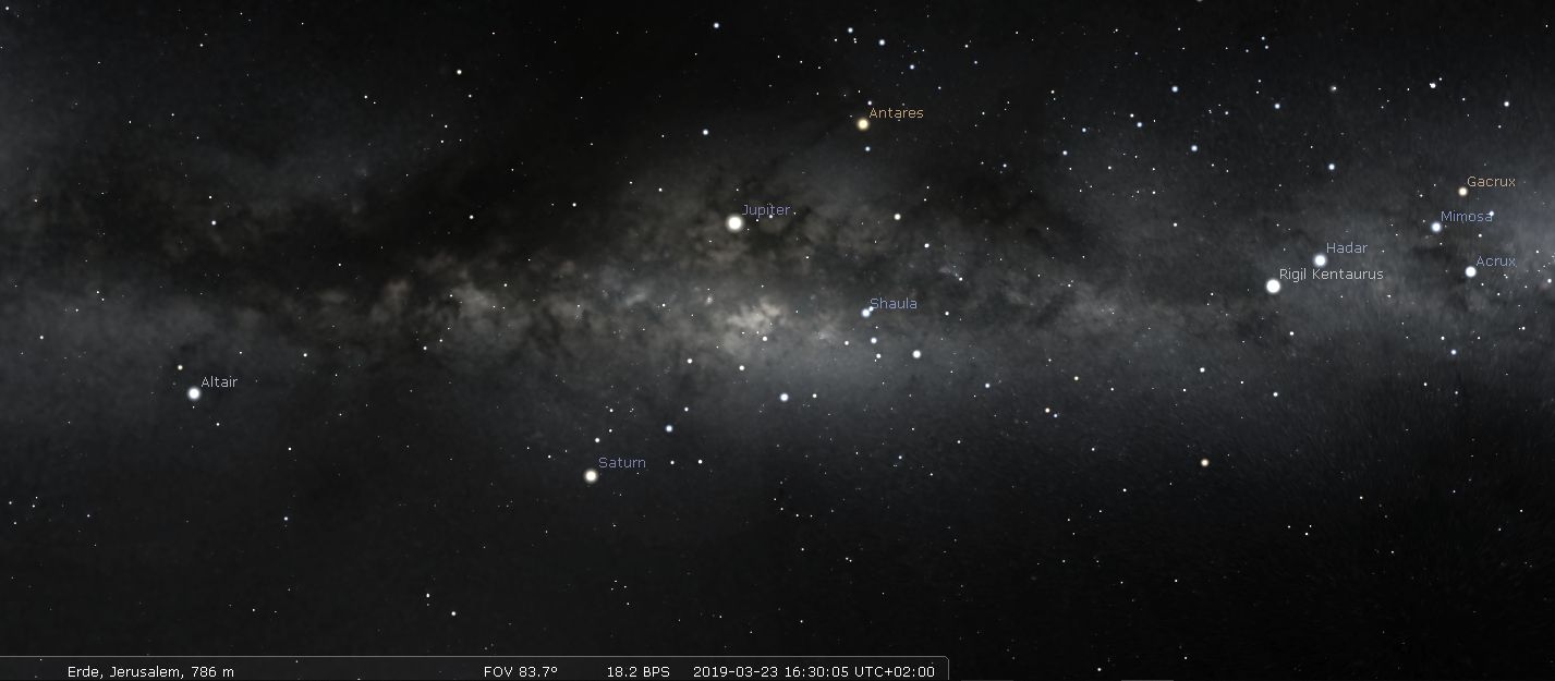 Nachtansicht des Sternenhimmels über Jerusalem, mit deutlich sichtbaren Himmelskörpern wie Jupiter und Saturn, umgeben von Sternkonstellationen in einer nebulösen Milchstraße.