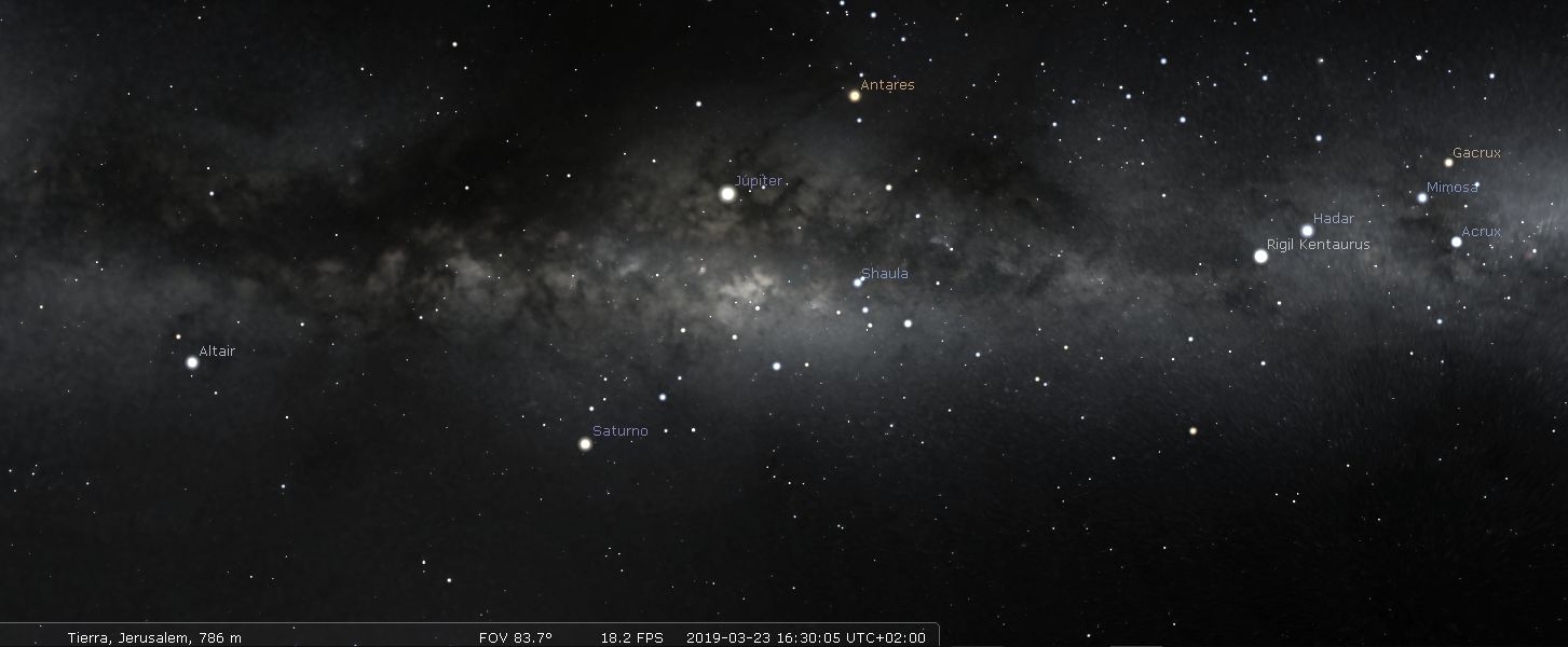 Vista panorámica del cielo nocturno sobre Jerusalén mostrando una densa vía láctea y estrellas claramente visibles como Altair, Antares, Júpiter y Saturno. Observación registrada desde una altitud de 786 metros, mostrando un amplio abanico de fenómenos celestiales sin referencias a las secciones del Mazzaroth.