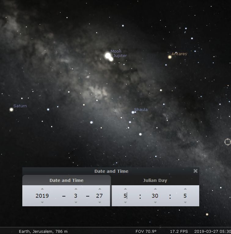 A celestial simulation displaying bright night sky constellations, with labels for major celestial bodies including Saturn, the Moon, Jupiter, and stars like Antares and Shaula. Additional details include data displays for date and time as well as geographical coordinates indicating a location near Jerusalem.