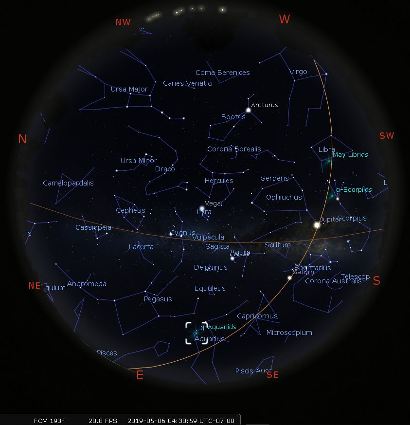 A detailed star map depicting various constellations and celestial markers across the night sky, bounded by a circular frame with compass directions labeled at the edges (N, NE, E, SE, S, SW, W, NW). Noteworthy constellations such as Ursa Major, Orion, and members of the Mazzaroth like Libra and Virgo are visible, alongside identified stars like Vega and Arcturus.