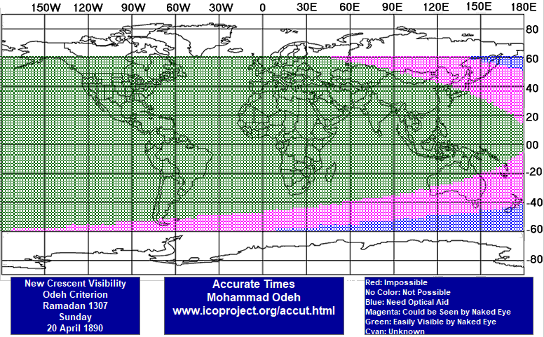 A global map displaying visibility of the Moon for Ramadan 1307 on 20 April 1890 using a color-coded system. Green areas indicate where the new crescent could be easily visible to the unaided eye; magenta shows where visibility might be possible; blue areas need optical aid; red areas where sighting is impossible. Longitude/latitude lines grid the map, which also includes website information for further details.