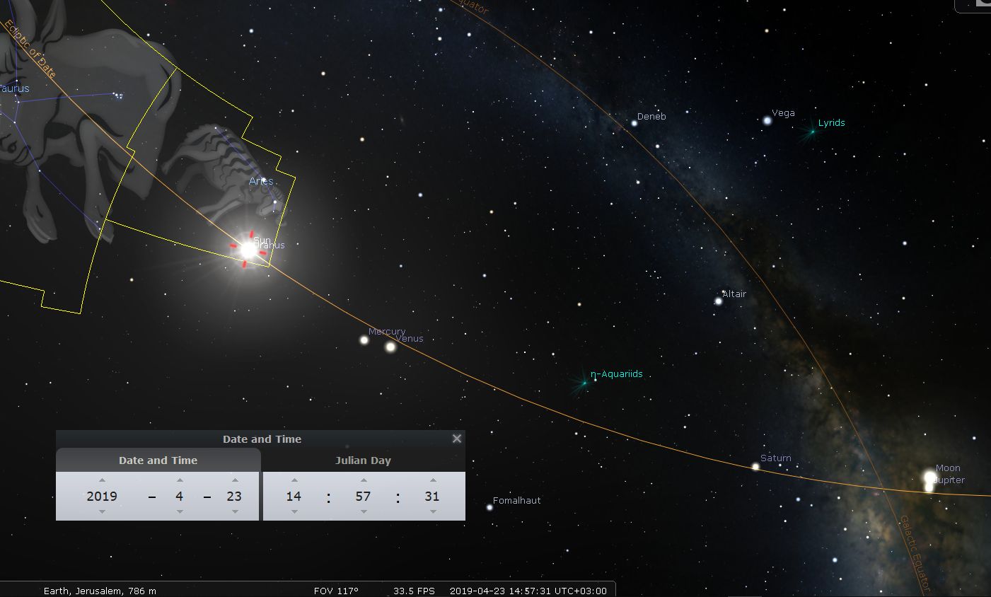 A digital stellar map of the night sky over Jerusalem displaying various celestial bodies such as Sirius, Vega, and Deneb, alongside planets like Saturn and Jupiter. The map also outlines several constellations and marks the position of the Moon and the planets Mercury and Venus. A curve representing the ecliptic passes through the image, and to the lower left, a data window shows the date and Julian Day number.
