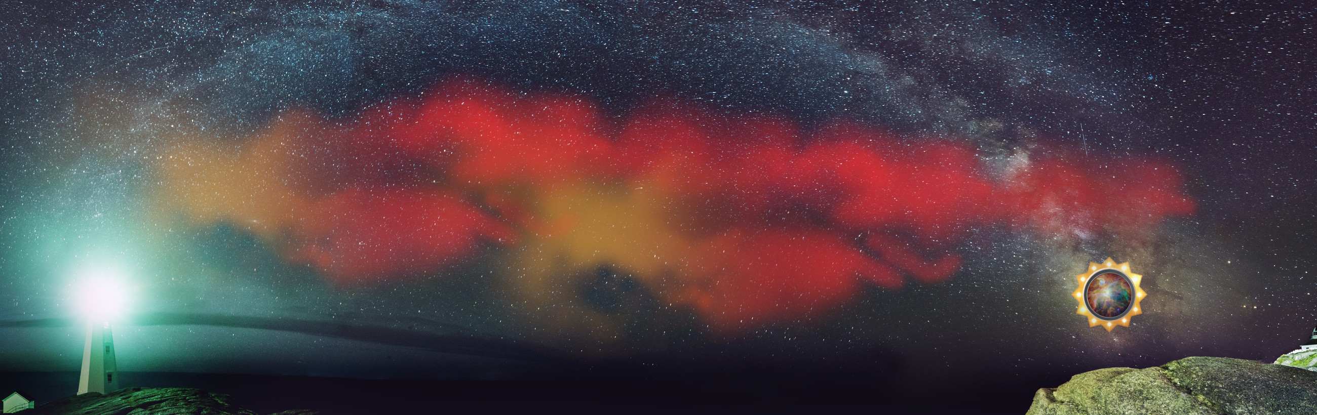 A panoramic nightscape displays a lighthouse beam piercing through a marine layer beneath a vast celestial expanse. The sky, bustling with stars, melds into a luminous nebula radiating hues of red, orange, and yellow. An intriguing celestial body surrounded by a radiant halo is positioned to the far right, evoking imagery from the Mazzaroth.
