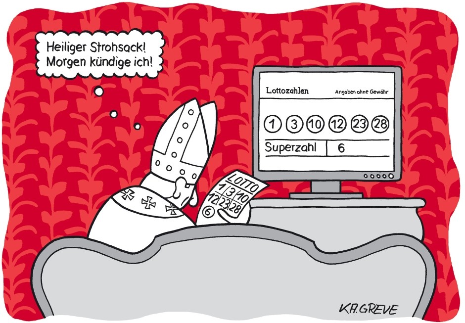 Ein Cartoon von einer Figur in mittelalterlicher Kopfbedeckung, die schockiert im Bett liegt und auf einen Computerbildschirm mit Lottozahlen schaut. Der Hintergrund zeigt ein rotes Muster und die Figur scheint eine Erscheinung zu haben.