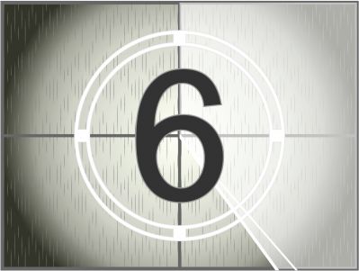 An artistic representation of the number six enclosed within a circle, over a background segmented into gray metallic tiles with a subtle vertical striped pattern.