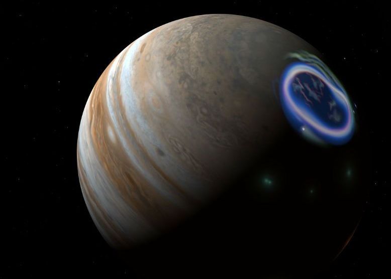 An artistic depiction of a large gas giant planet with swirling cloud bands in shades of brown and beige. Adjacent to the planet is an anomaly resembling an ancient symbol from the Mazzaroth, glowing with a neon blue halo and containing a motif of Earth at its center.