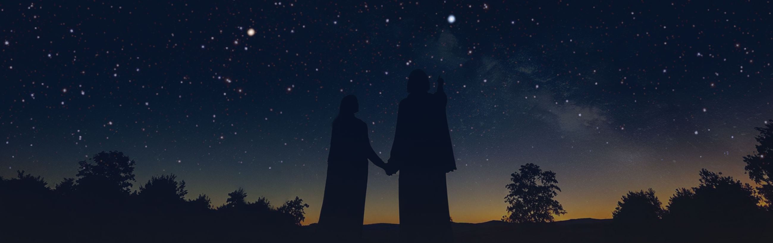 Two silhouettes of individuals holding hands against a twilight backdrop, standing under a vast celestial canvas displaying stars and the Mazzaroth.