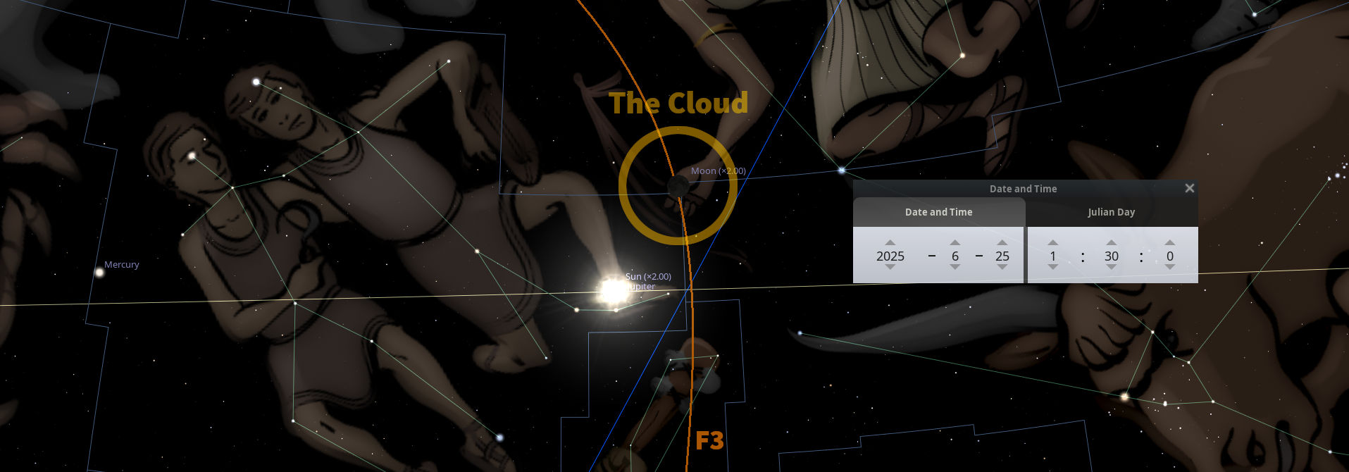 An astronomical software interface displays constellations illuminated by celestial bodies including the Sun and planets such as Mercury and Jupiter. Notable is an interface element labeled "The Cloud" near the Moon, and an overlaid data panel showing the date as June 25, 2025, and time around 1:30 AM according to Julian Day calculations.