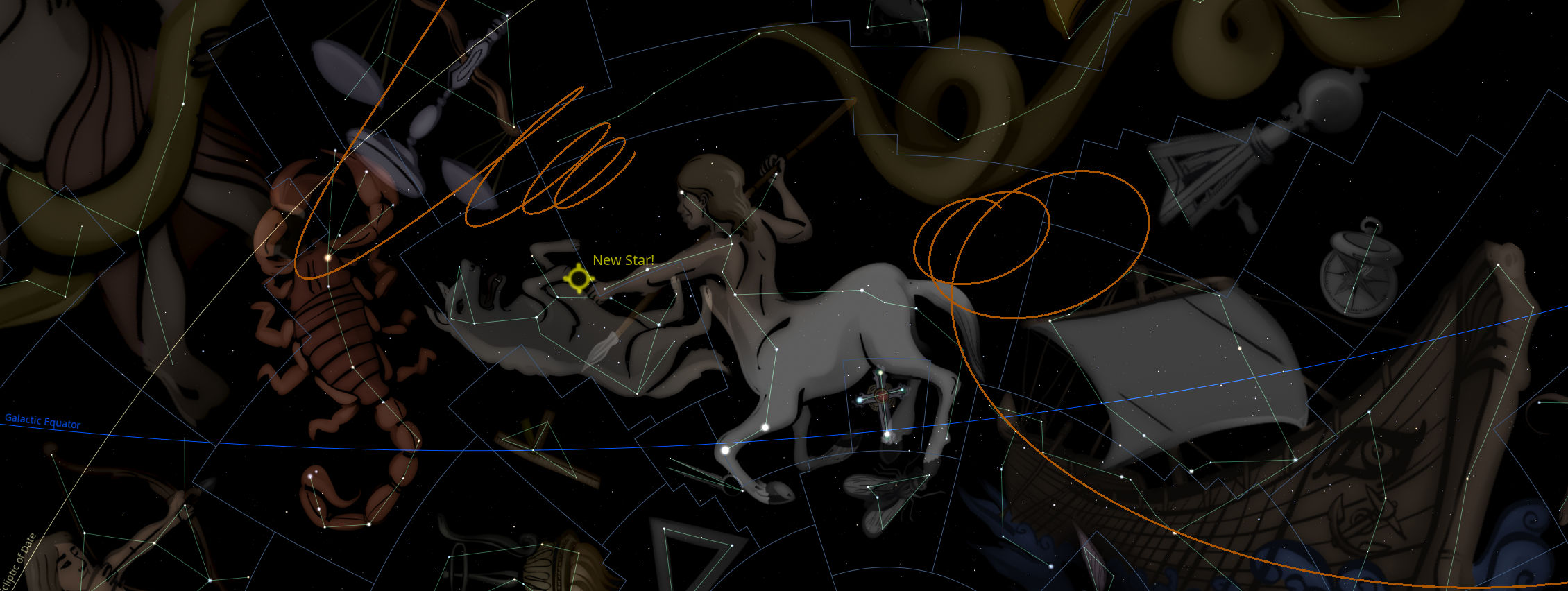 Illustration of various celestial figures connected by lines against a starry sky backdrop. Visual elements from ancient celestial maps representing the Mazzaroth are shown, plus scientific celestial markers such as the Galactic Equator and an annotation for a "New Star."