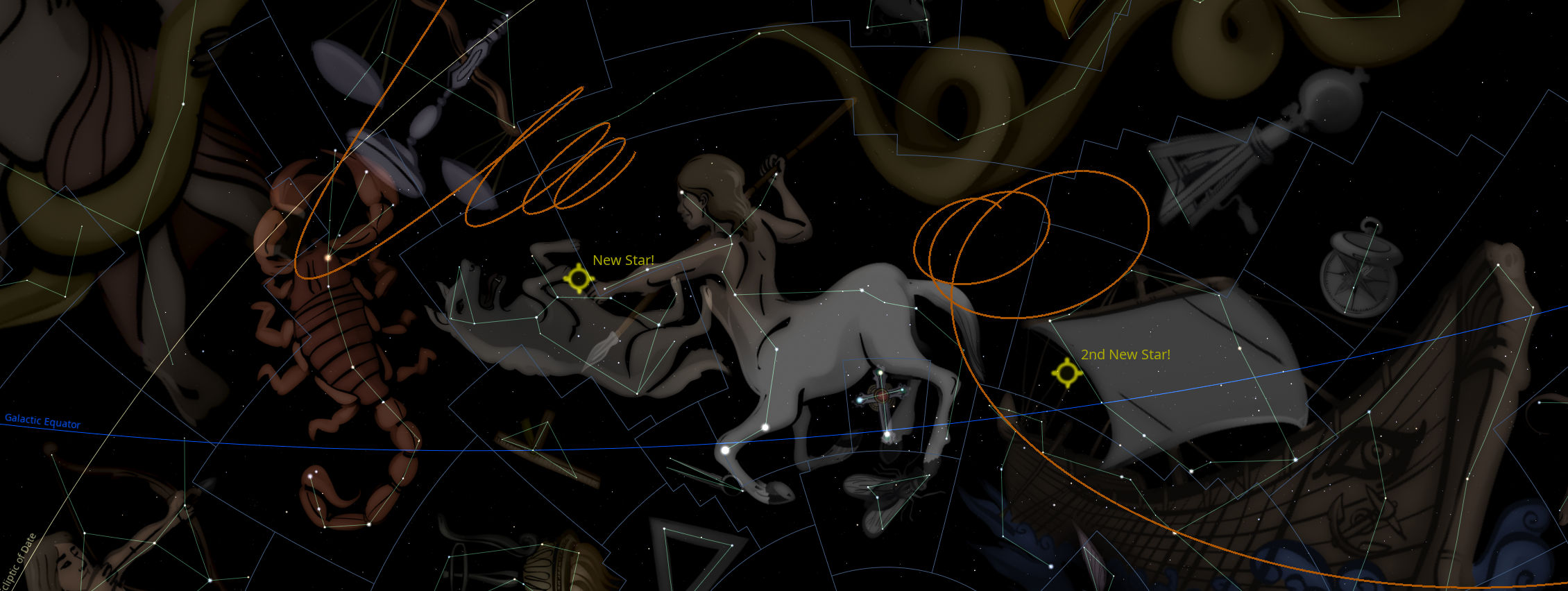 A celestial panorama featuring figures and patterns against a dark sky. Illustrations include a scorpion, archer, twins, and a bull among others, connected by lines depicting common astronomical constellations. Two highlighted stars labeled "New Star!" and "2nd New Star!" suggest recent celestial discoveries. The image is overlaid with geometric lines representing the galactic equator and celestial coordinates.