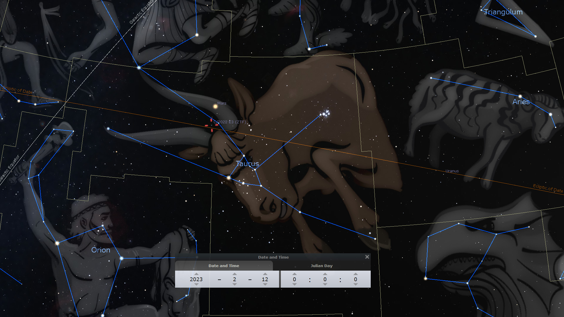 A detailed visualization of a starry sky with constellations overlaid with artistic depictions. Key figures include Orion and various representations from the Mazzaroth, displaying figures like a bull and ram. Bright stars are connected by blue lines indicating constellation outlines, and additional astronomical information is displayed in overlays, such as planetary positions and celestial coordinates.