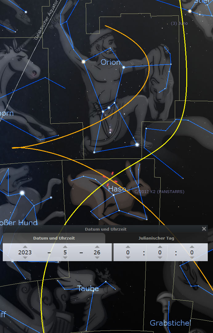 Darstellung von Sternbildern mit wissenschaftlichen und himmlischen Konnotationen auf einem dunklen Hintergrund. Bemerkenswerte Konstellationen wie Orion und andere werden durch blaue und gelbe Linien hervorgehoben, die die sichtbaren Sterne verbinden. Zusätzlich sind visuelle Informationen bezüglich Datum und julianischem Tag sichtbar.