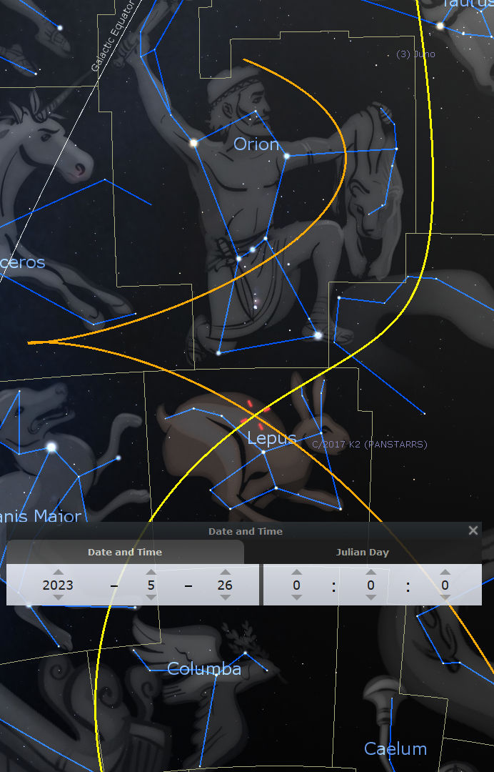 Detailed digital illustration depicting various constellations in the night sky, including Orion prominently centered. The image overlays constellation names and uses bright blue lines to connect stars forming figures, such as a hunter and animals, against a dark space background. Yellow curved lines and separate constellation outlines overlay the image, adding a network-like complexity. Additionally, elements of an interface showing date and time settings are visible at the bottom, indicating the date as May 26, 2023.