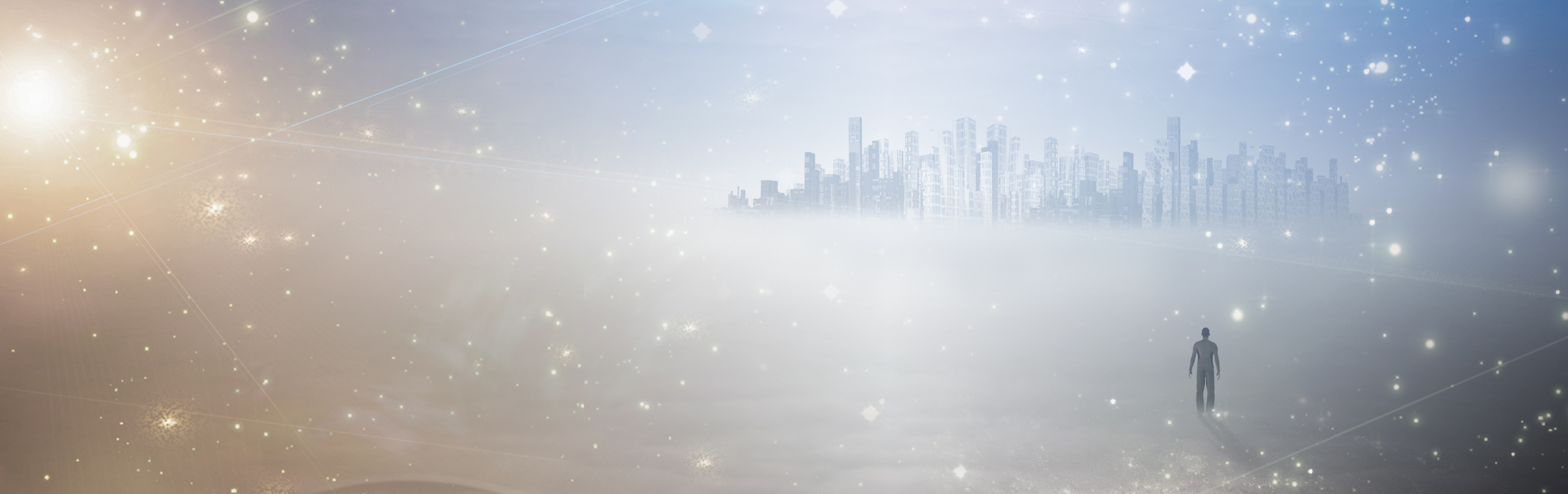 A panoramic digital artwork depicts a silhouetted person walking towards a futuristic city engulfed in a misty atmosphere, with celestial bodies and luminescent particles scattered throughout the sky, connected by subtle, glowing lines reminiscent of constellation patterns in the heavenly expanse.