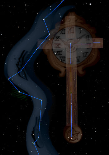 An artistic depiction features a constellation figure outlined in blue against a starlit sky, intertwined with an ornate clock displaying Roman numerals, symbolizing the concept of time measured under the celestial bodies of the Mazzaroth.