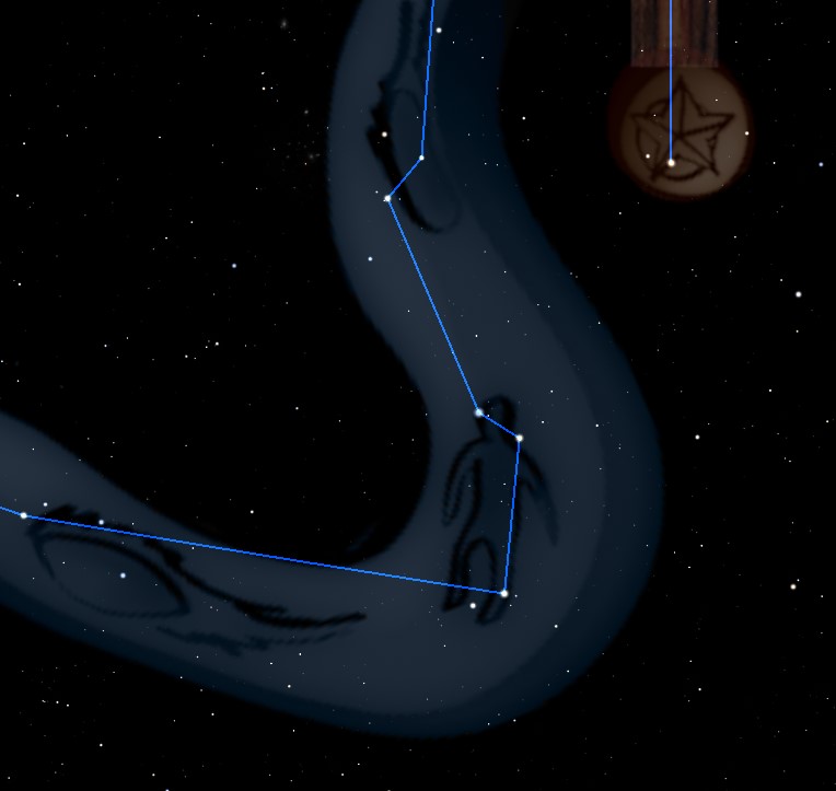 An artistic representation of a dark night sky with numerous stars. Highlighted against this backdrop is a large, stylized depiction of a celestial creature, similar to an image from the Mazzaroth. The creature is outlined with glowing blue lines and adjacent to it, a pendant with a pentagram hangs in space.