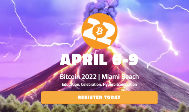 An imaginative depiction combining natural and digital elements, featuring a volcanic eruption with a vibrant purple sky cracked by a lightning bolt. At the center of this composite imagery floats a large Bitcoin logo, highlighted against the dynamic backdrop. The image displays the text "April 6-9, Bitcoin 2022 | Miami Beach" along with phrases "Education, Celebration, Hyperbitcoinization" and an invitation to "REGISTER TODAY."