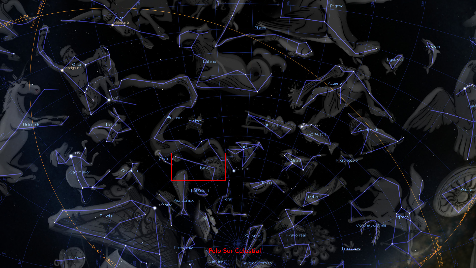 Mapa astronómico detallado mostrando una variedad de constelaciones y estrellas como Orion, Sirius y Libra, contra un fondo oscuro puntualizado por múltiples estrellas. En el centro, un recuadro rojo destaca una región especifíca del mapa.